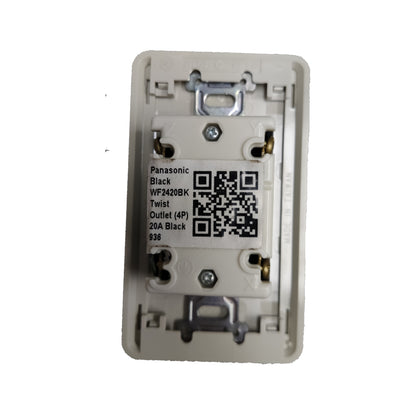Panasonic electrical outlet faceplate with QR code on a white background Panasonic 20A Twist Lock Outlet with Plate Cover 3P+E (4P) 250V (ML-3) WF2420BK and WNF6254W-8 Twistlock