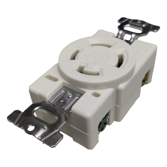 White electrical outlet with metal brackets on a white background Panasonic 30A Twist Lock Outlet 3P+E (4P) 250V (NEMA L6) WF2430 Twistlock Outlet 30A 3P+E (4P) Electx Electrical Supply