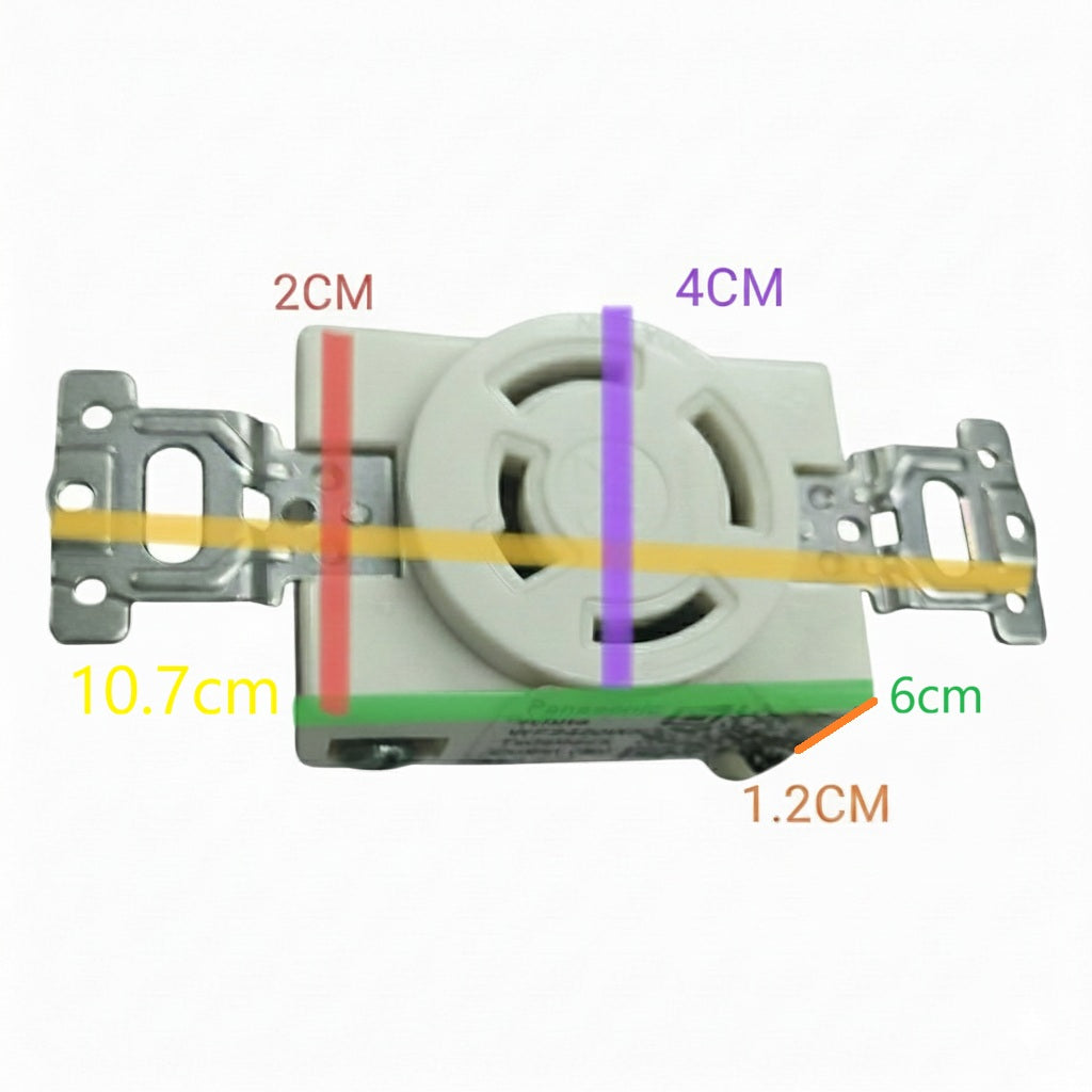 Electrical junction box with measurements labeled on a white  Panasonic 30A Twist Lock Outlet 3P+E (4P) 250V (NEMA L6) WF2430 Twistlock Outlet 30A 3P+E (4P) Electx Electrical Supply 12background