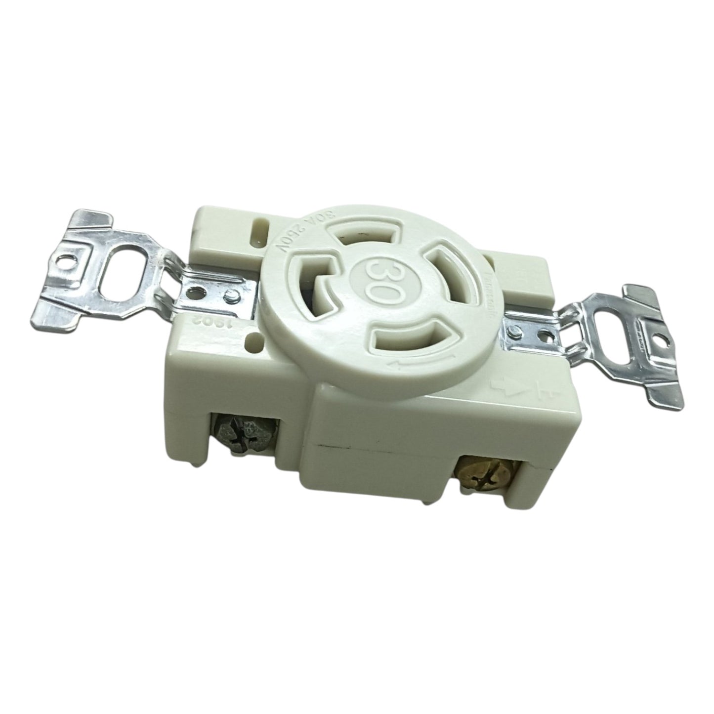White electrical outlet with metal brackets on a white background Panasonic 30A Twist Lock Outlet 3P+E (4P) 250V (NEMA L6) WF2430 Twistlock Outlet 30A 3P+E (4P) Electx Electrical Supply