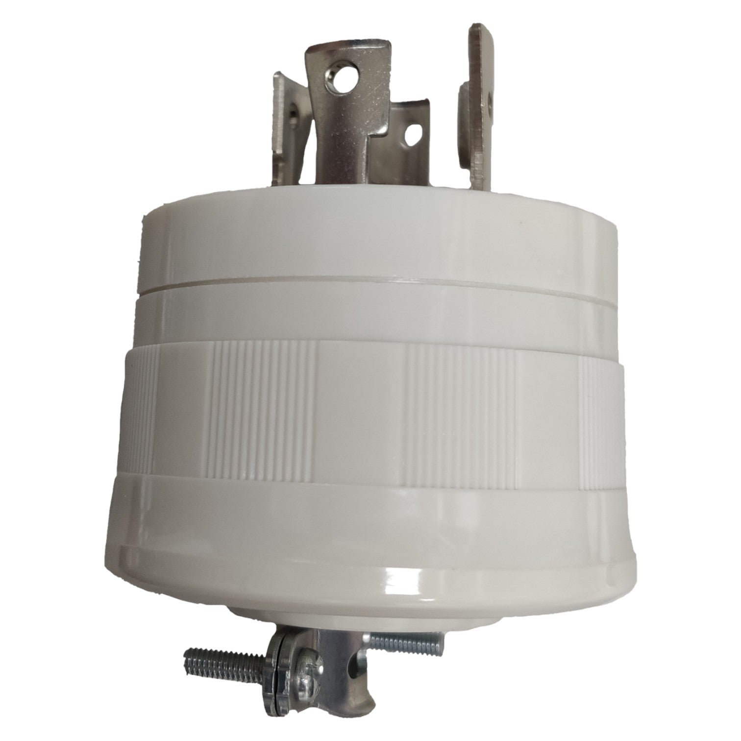 White cylindrical electrical component with metal parts on a white background Panasonic 30A Twist Lock Plug 3P+E (4P) 250V (NEMA L6) WF6430WK Twistlock White Electx Electrical Supply