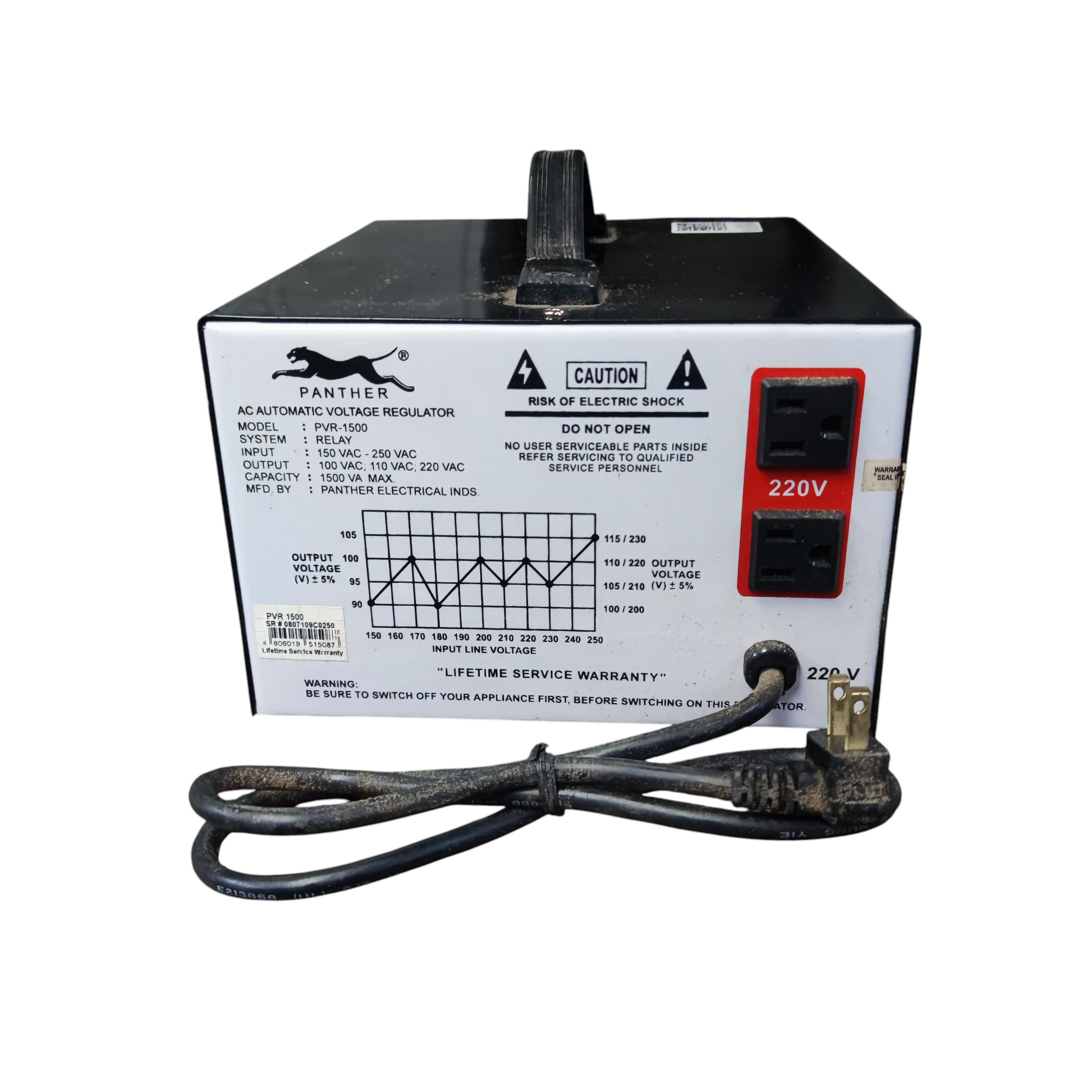 AC automatic voltage regulator with power cord on a white background Panther 1500W Automatic Voltage Regulator PVR-1500 Input 220V Output 100V 110V 220V Electx Electrical Supply