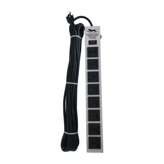 Black power strip with multiple outlets and a coiled cable on a white  Panther 8 Gang Extension Cord With Switch 15A 220V and 10 Meters 1.25mm Wire PSP-0225 Electx Electrical Supplybackground