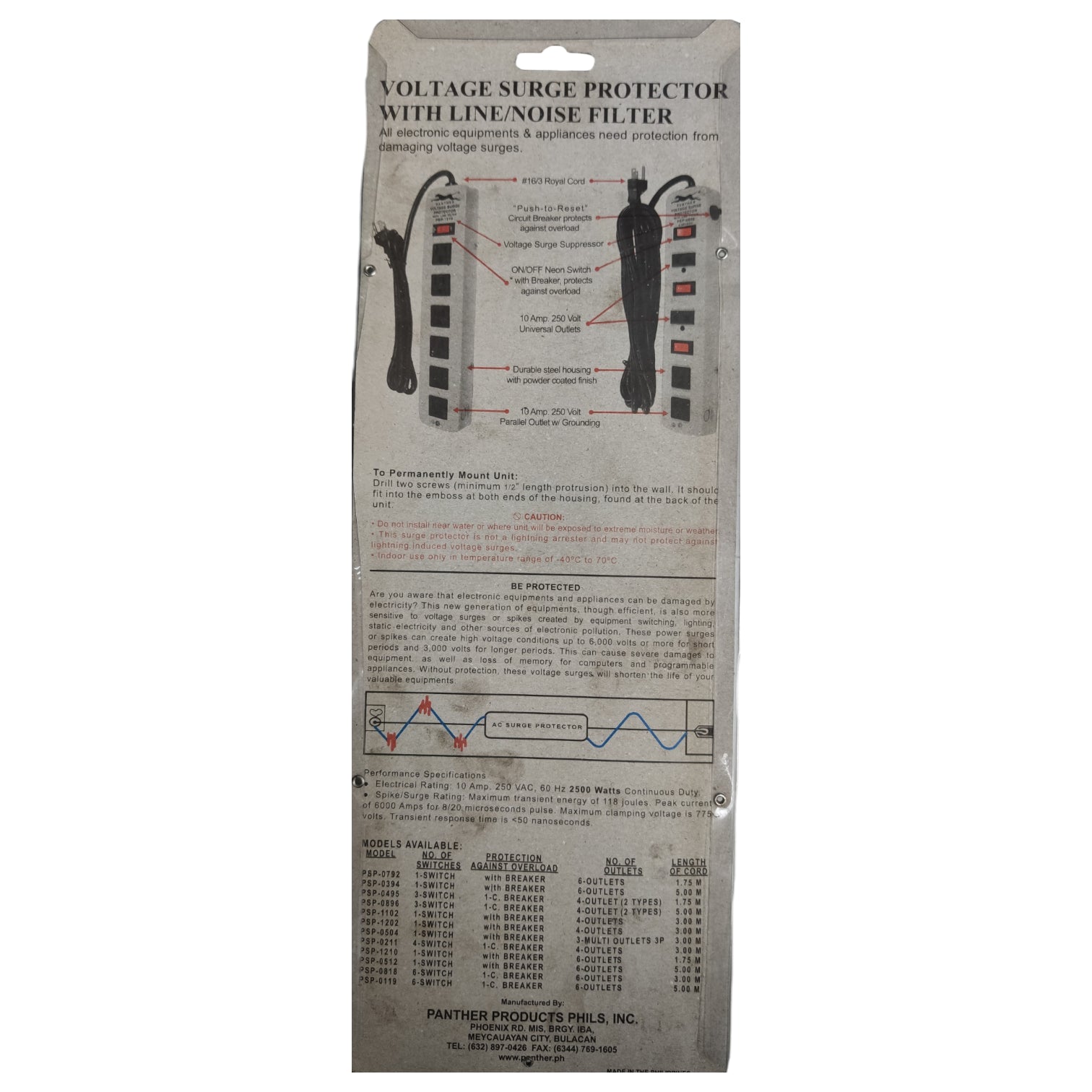 Voltage surge protector packaging with technical details on a white background Panther Extension Cord  6 Gang Flat Pin with Ground PSP-0394 5 Meters 1.25mm Wire and Switch with Voltage Surge Protection and Line Filter 2500W Electx Electrical Supply