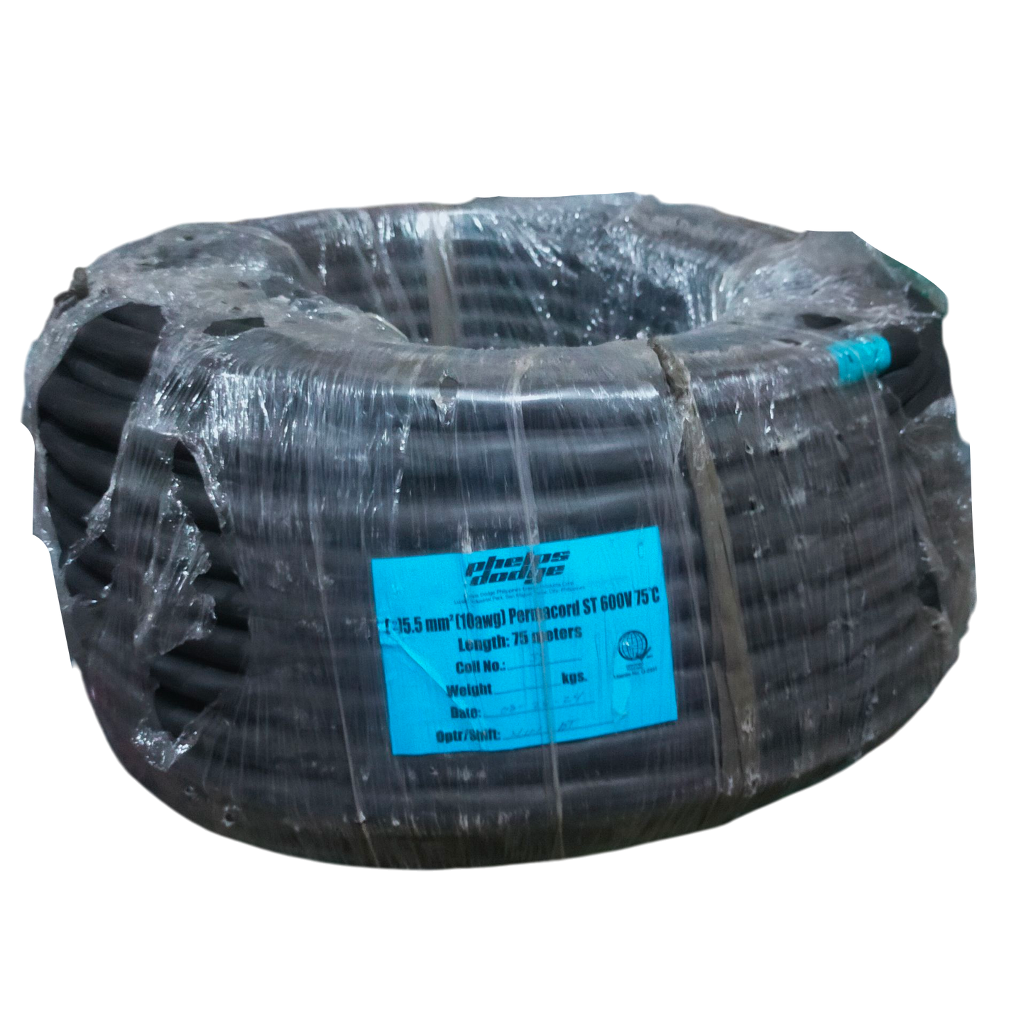 Coiled Phelps Dodge royal cord 2 core 5.5mm wire wrapped in clear plastic packaging