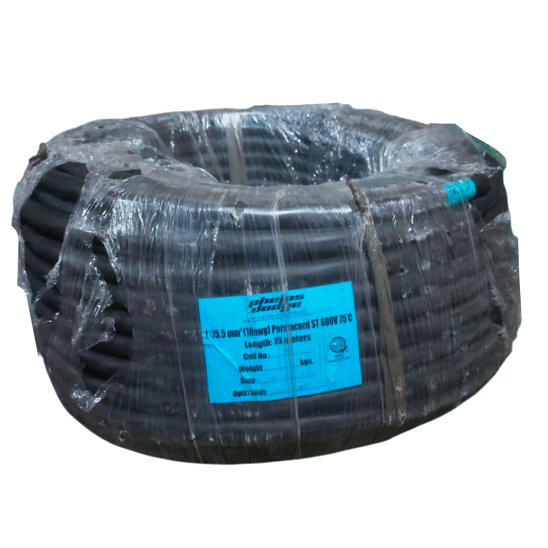 Coiled Phelps Dodge royal cord 2 core 5.5mm wire wrapped in clear plastic packaging