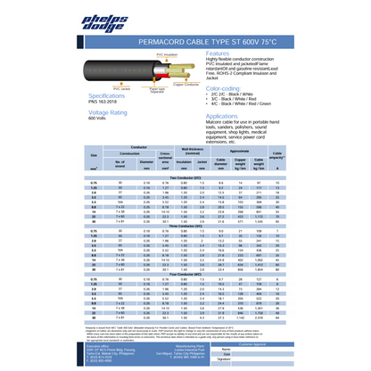 Phelps Dodge Power Cable AWG 14 3 Core Specifications and Features for Electrical Use