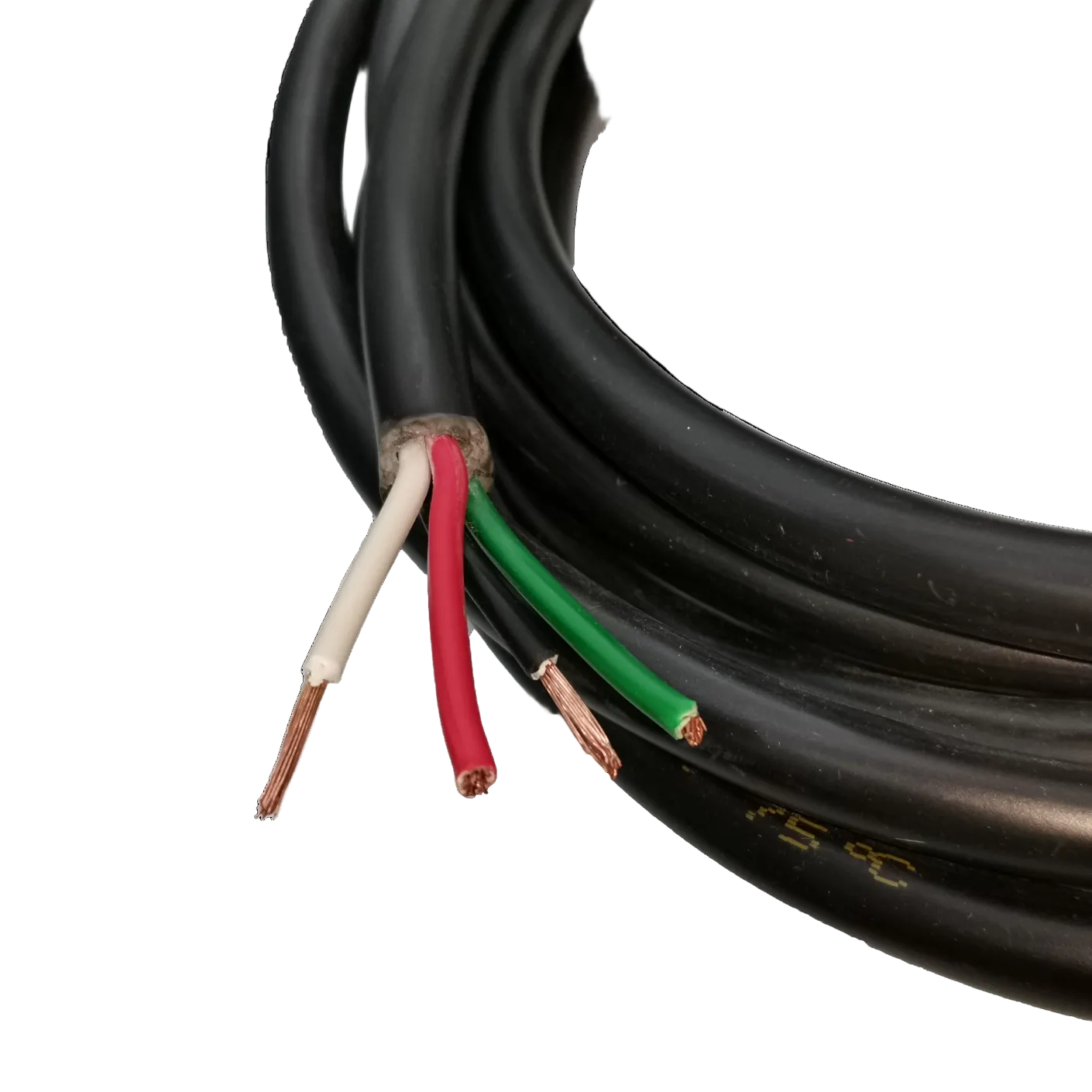 Phelps Dodge 4 core 2.0mm electrical wire with black outer sheath and exposed red green white copper cores