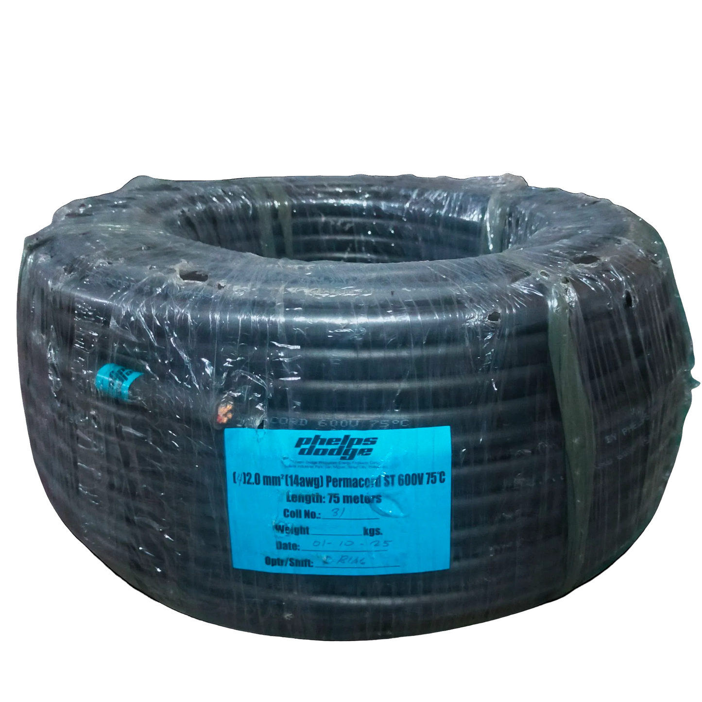 Phelps Dodge 4 core 2.0mm electrical wire coil wrapped in plastic with blue label