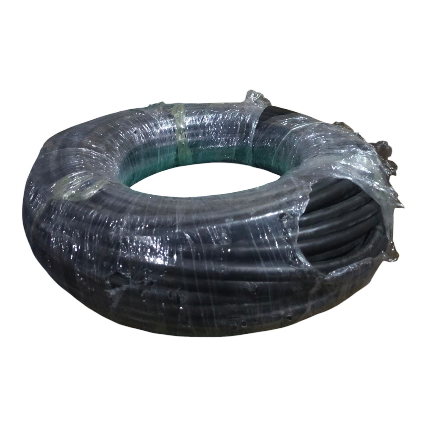 Coiled black hose with clear plastic wrap on a white background