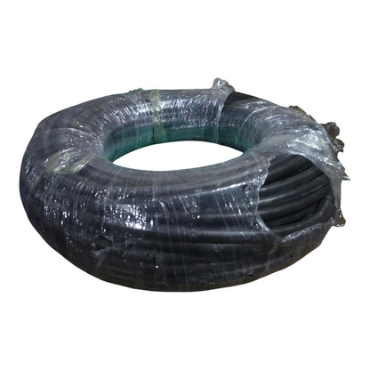 Coiled black hose with clear plastic wrap on a white background