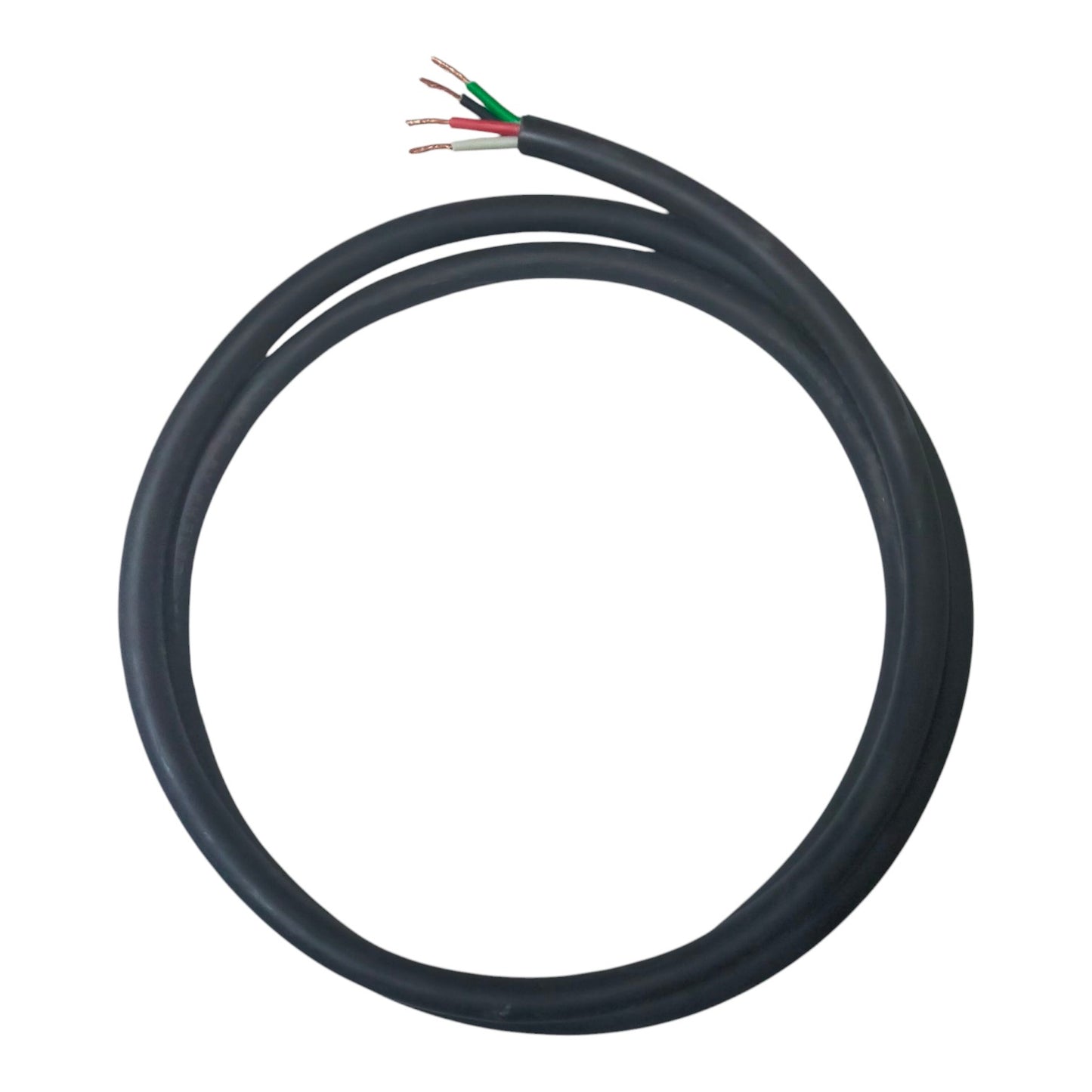 Coiled black cable with colored wires on a white background