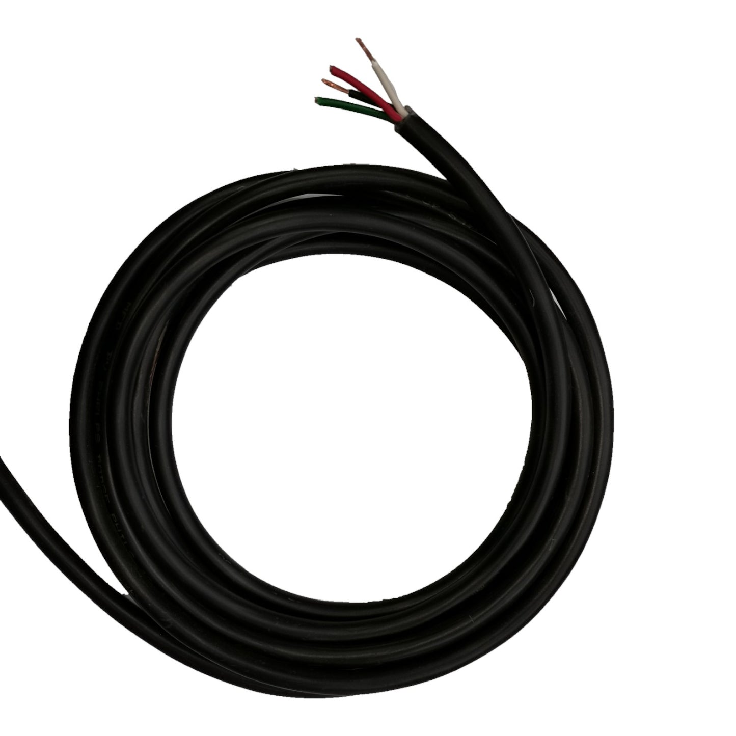 Coiled black cable with colored wires on a white background