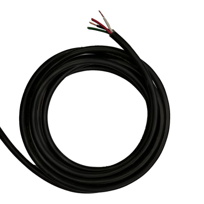 Coiled black cable with colored wires on a white background