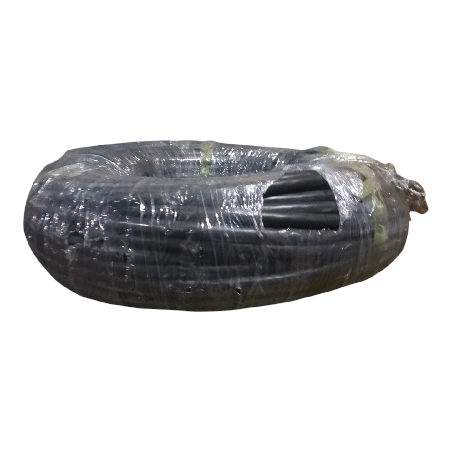 Coiled black cable wrapped in clear plastic on a white background