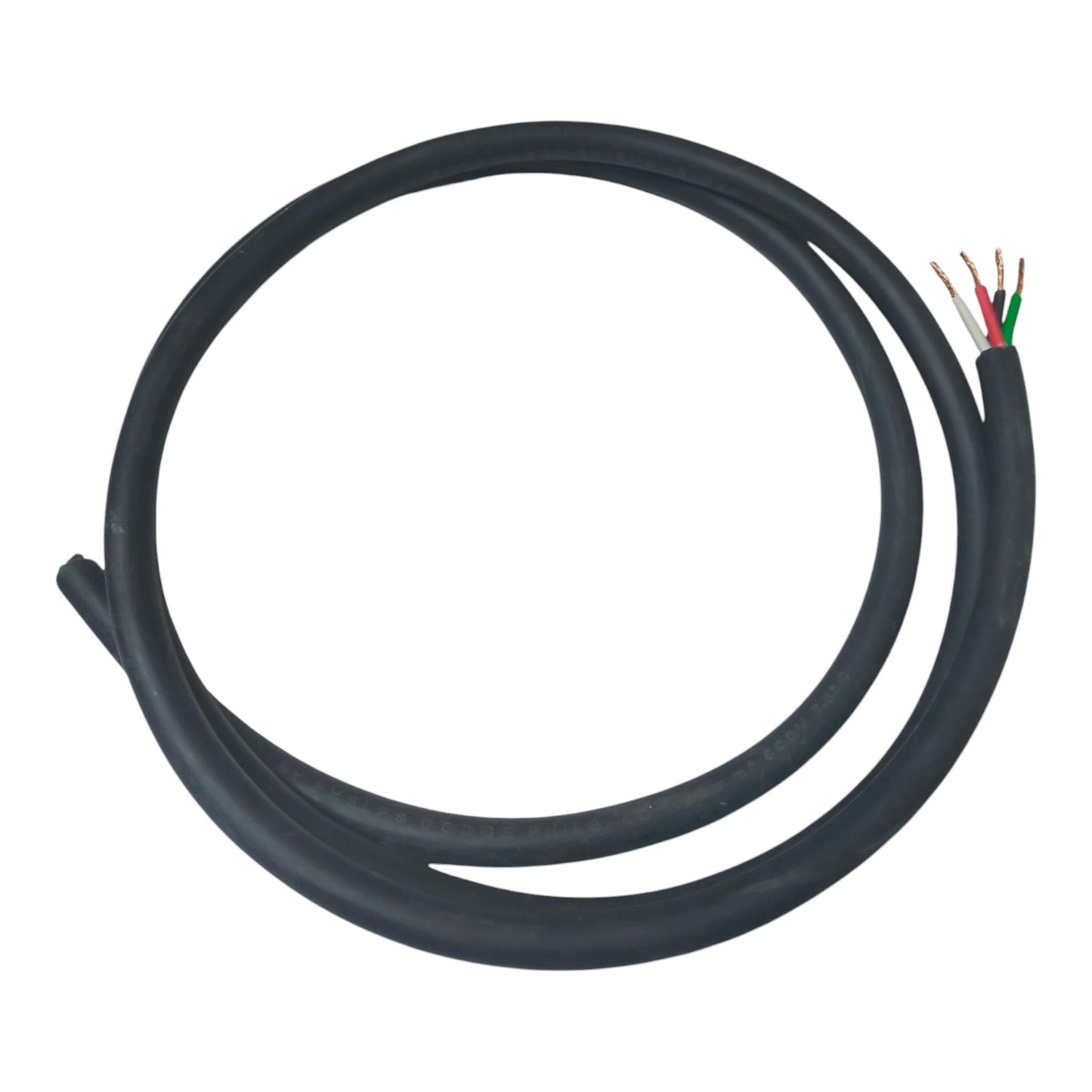 Coiled black cable with colored wires on a white background