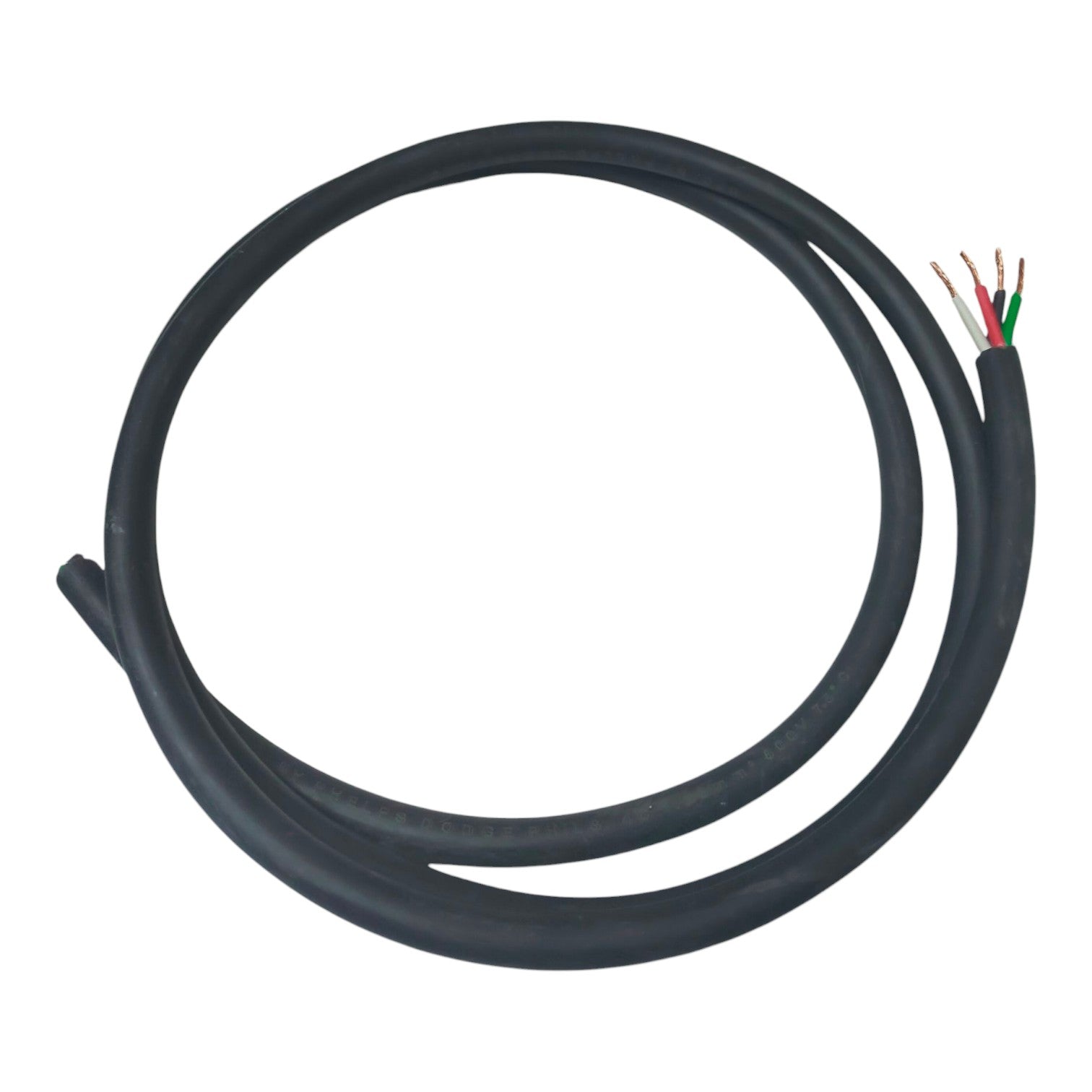 Coiled black cable with colored wires on a white background