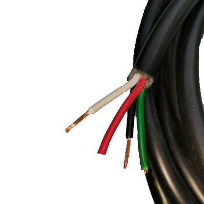 Close-up of a coiled black cable with red, white, and green wires exposed on a white background.