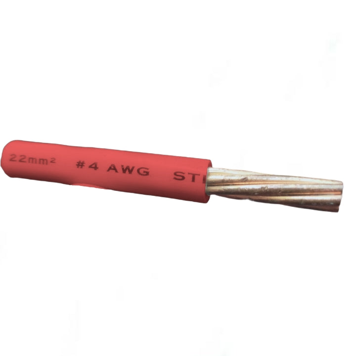 Red insulated wire with size markings on a white background