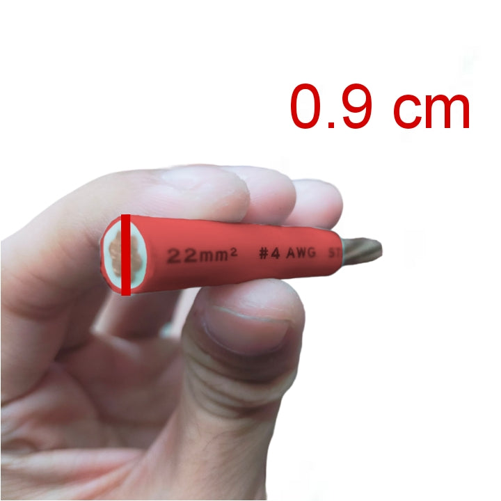 Red electrical cable connector held by a hand with measurement label '0.9 cm'.