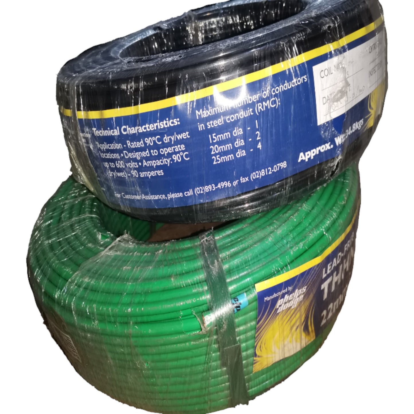 Two rolls of electrical cable, one black and one green, with labels on a white background.