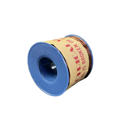 Film reel with blue spool and brown paper label on a white background