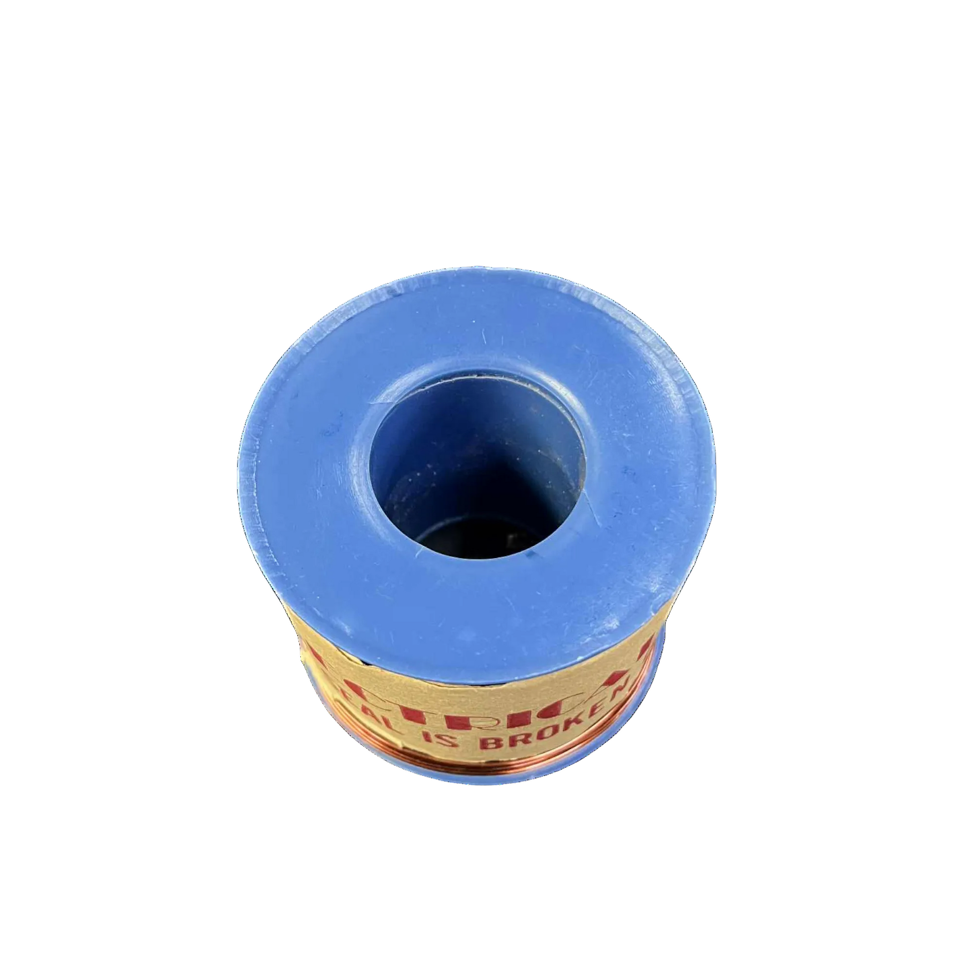 Blue spool of thread with a white background