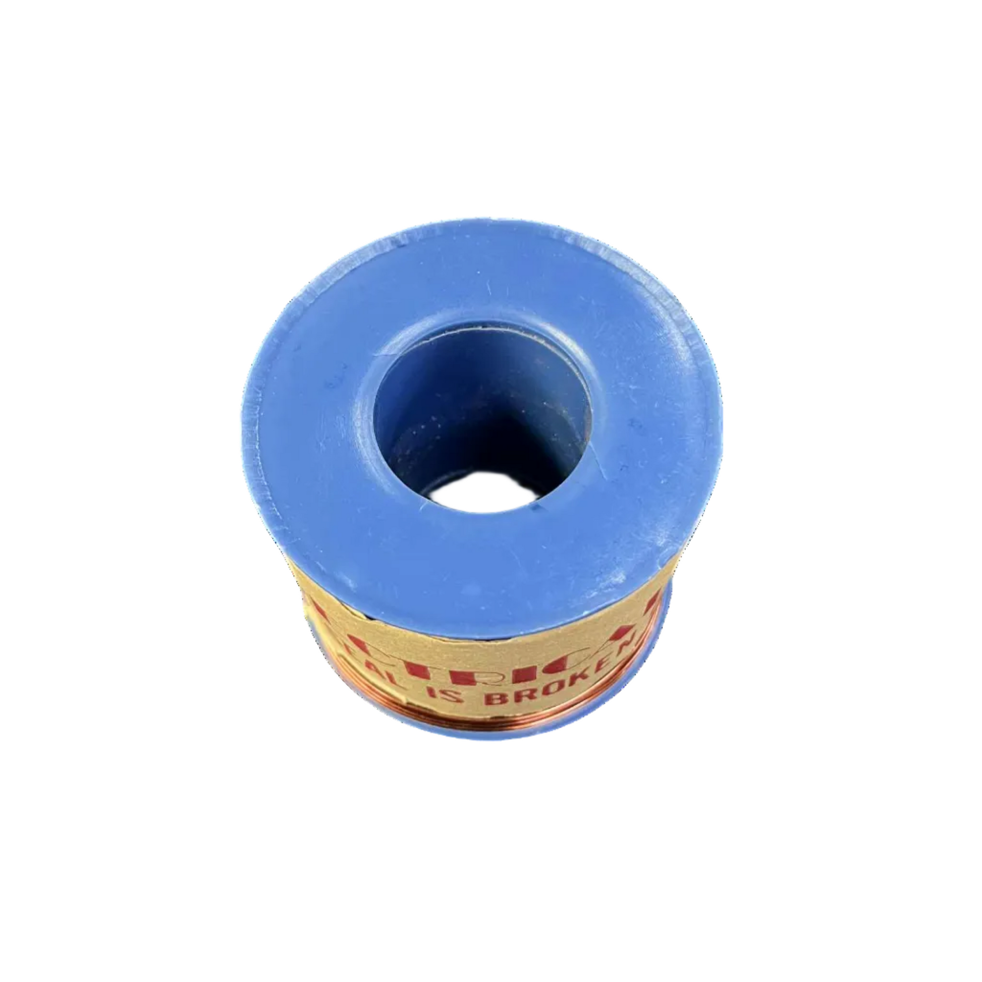 Blue spool of thread with a white background