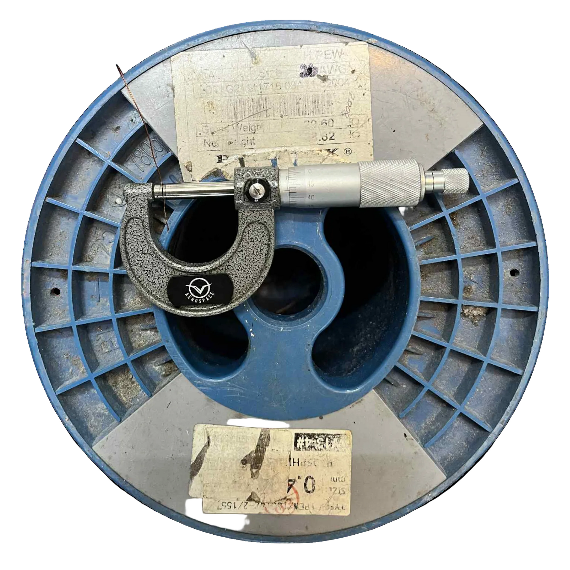 Vintage micrometer on a blue metal reel with labels on a white background Philflex 200 Grams Magnet Wire AWG 26 Enameled Copper Wire 0.40mm Heavy Formix Approx 165.29 Meters Per Roll Electx Electrical Supply