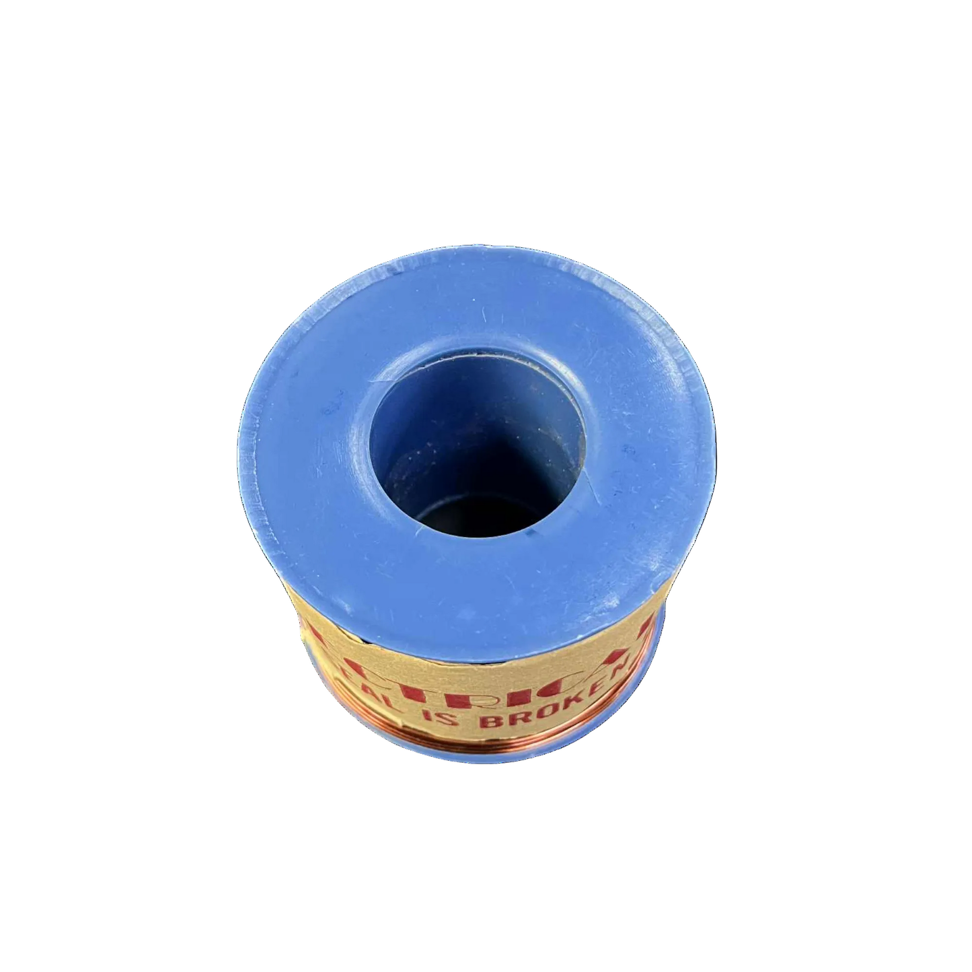 Blue spool of thread with a white background