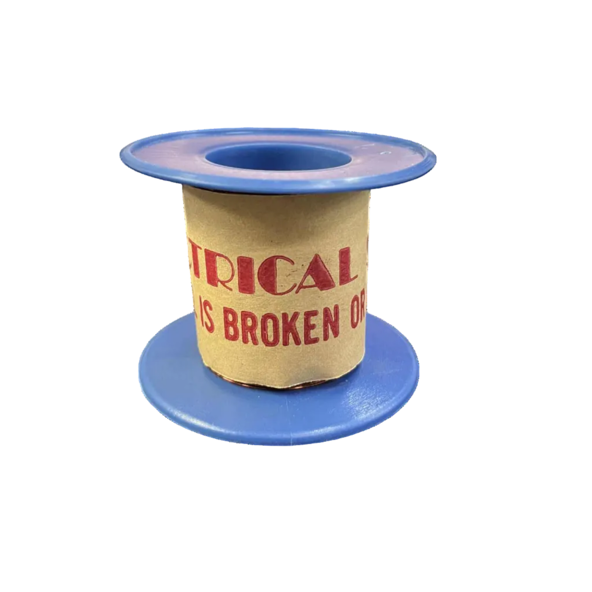 Spool of ribbon with text 'FATAL ERROR IS BROKEN ON' on a white background