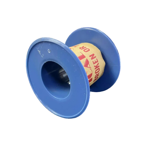 Blue spool with a roll of paper on a white background