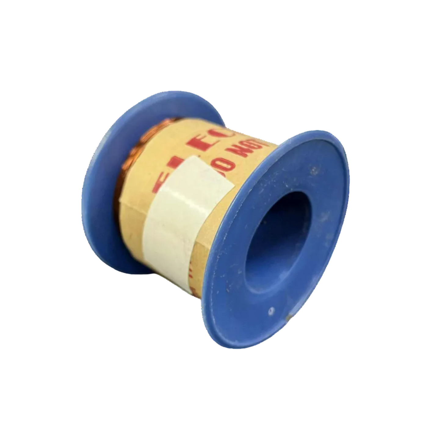 Spool of white tape with a blue plastic casing on a white background