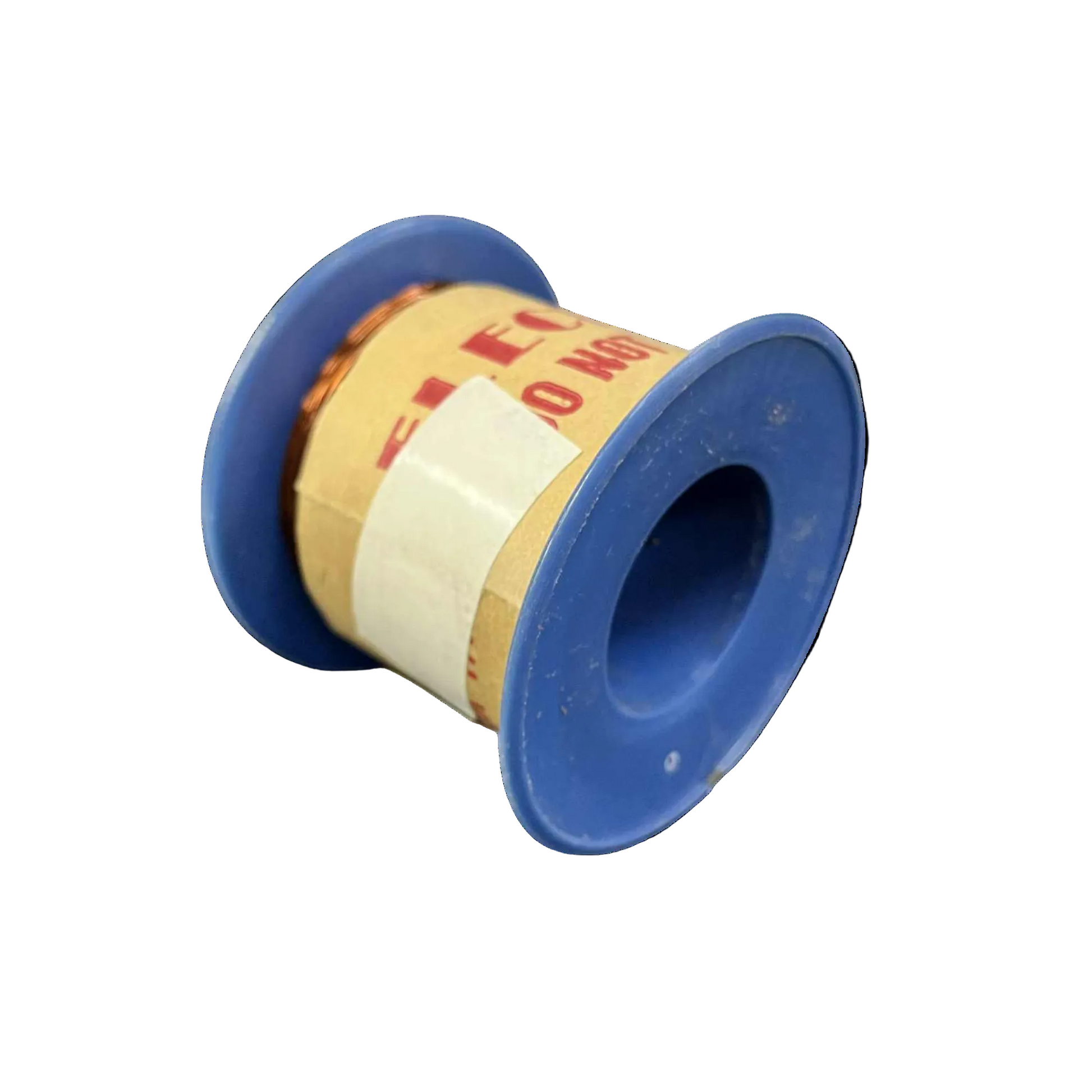 Spool of white tape with a blue plastic casing on a white background