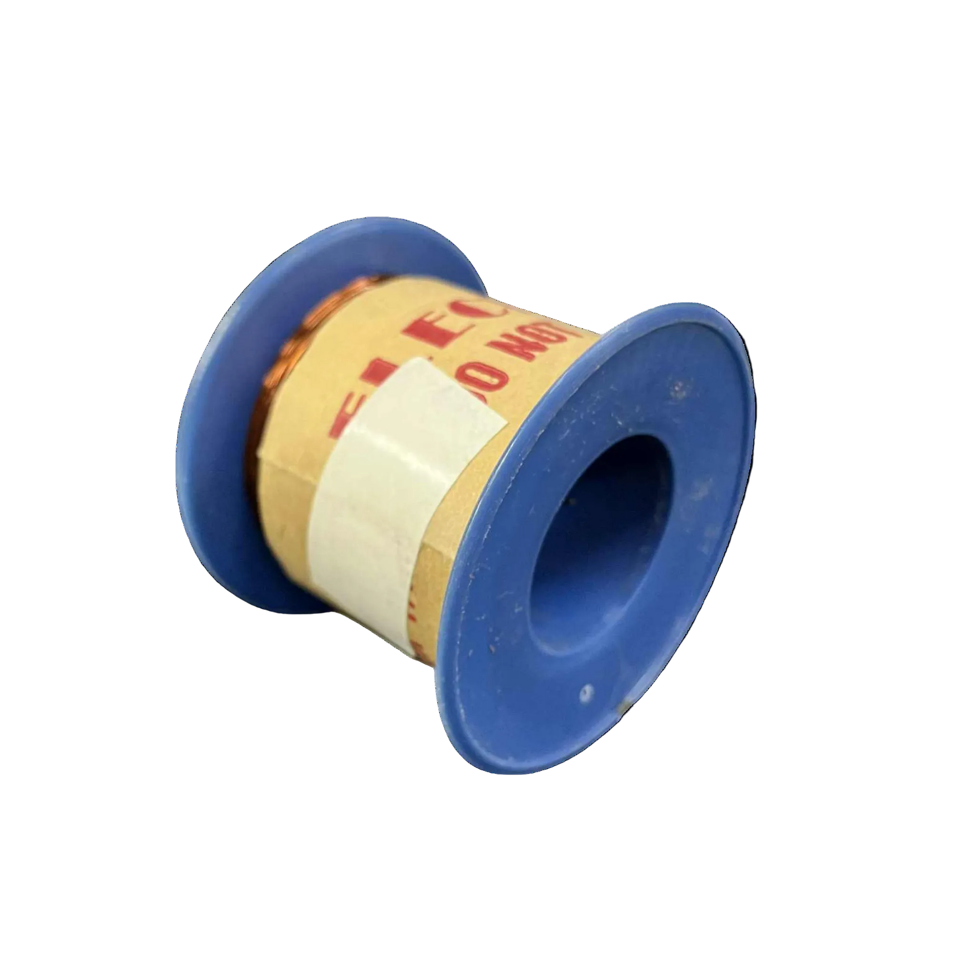 Spool of white tape with a blue plastic casing on a white background