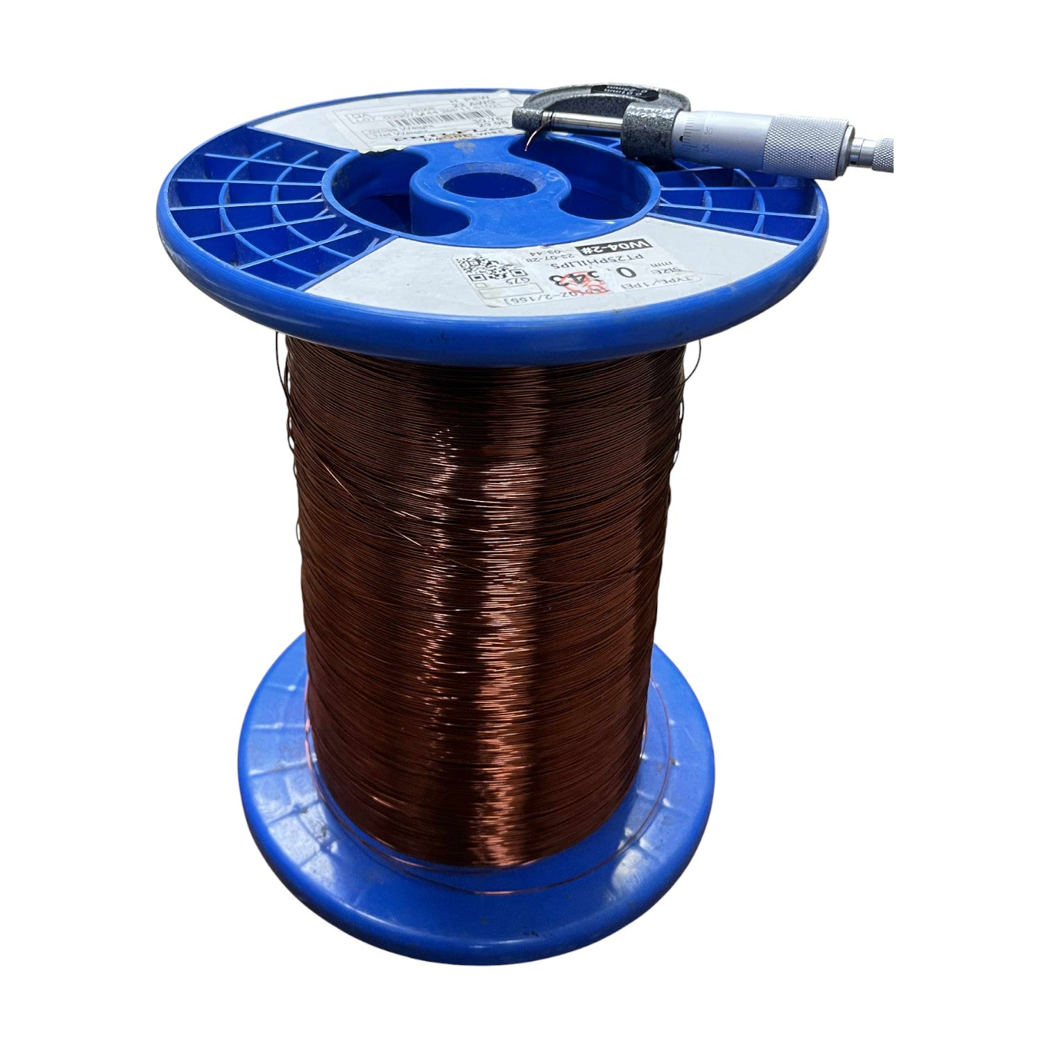 Spool of wire on a blue reel with a white background