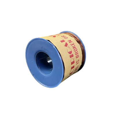 Film reel with blue spool and brown paper label on a white background