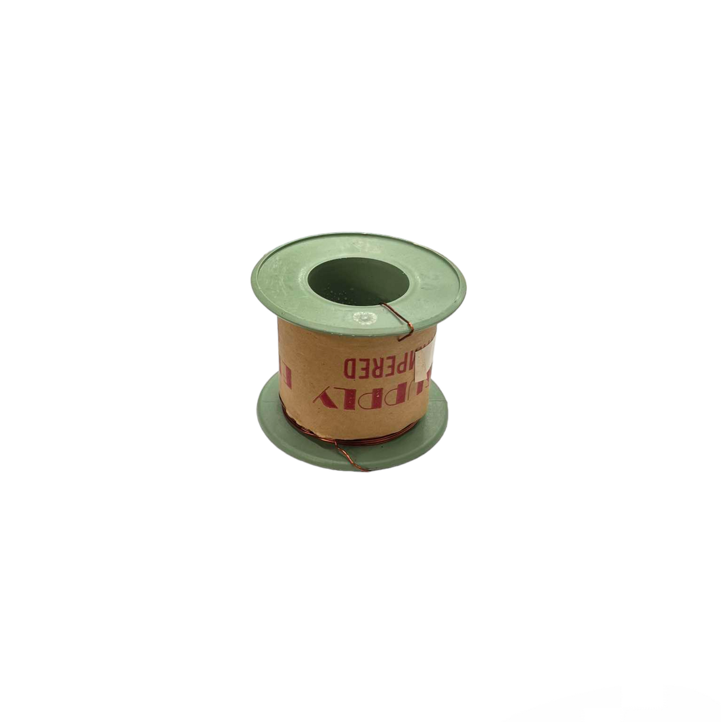 Spool of green wire with a cardboard label on a white background Philflex 800 Grams Magnet Wire AWG 25 0.45mm Heavy Formix Approx 526.32 Meters Per Roll Electx Electrical SUpply