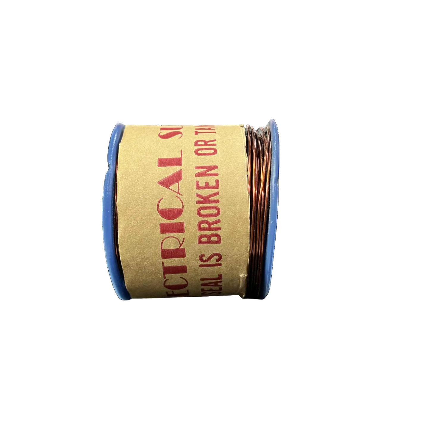 Spool of electrical wire with cardboard label on a white background