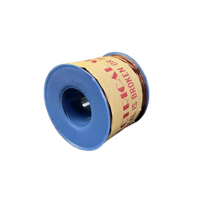 Film reel with blue spool and brown paper label on a white background