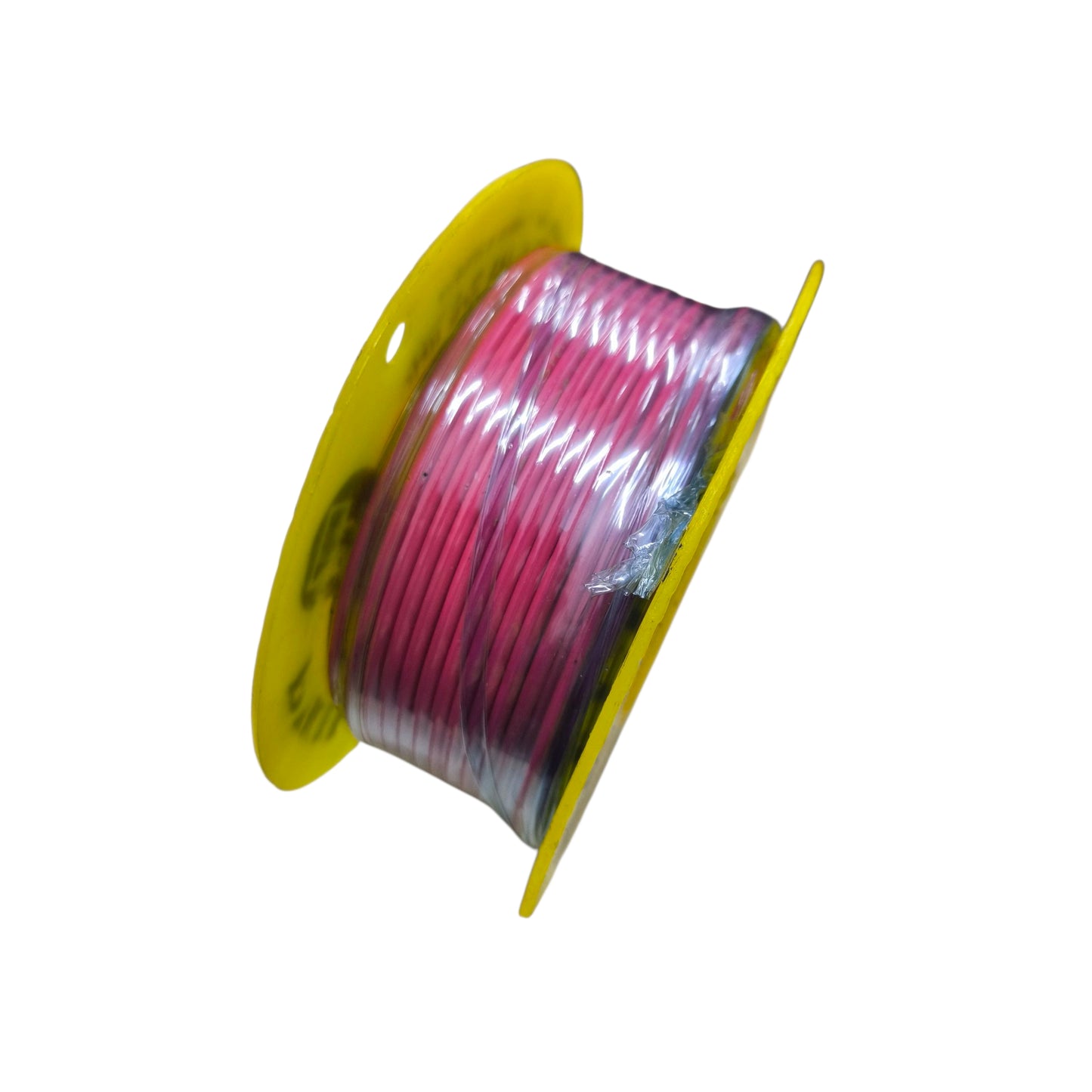 Spool of pink wire on a yellow reel against a white background