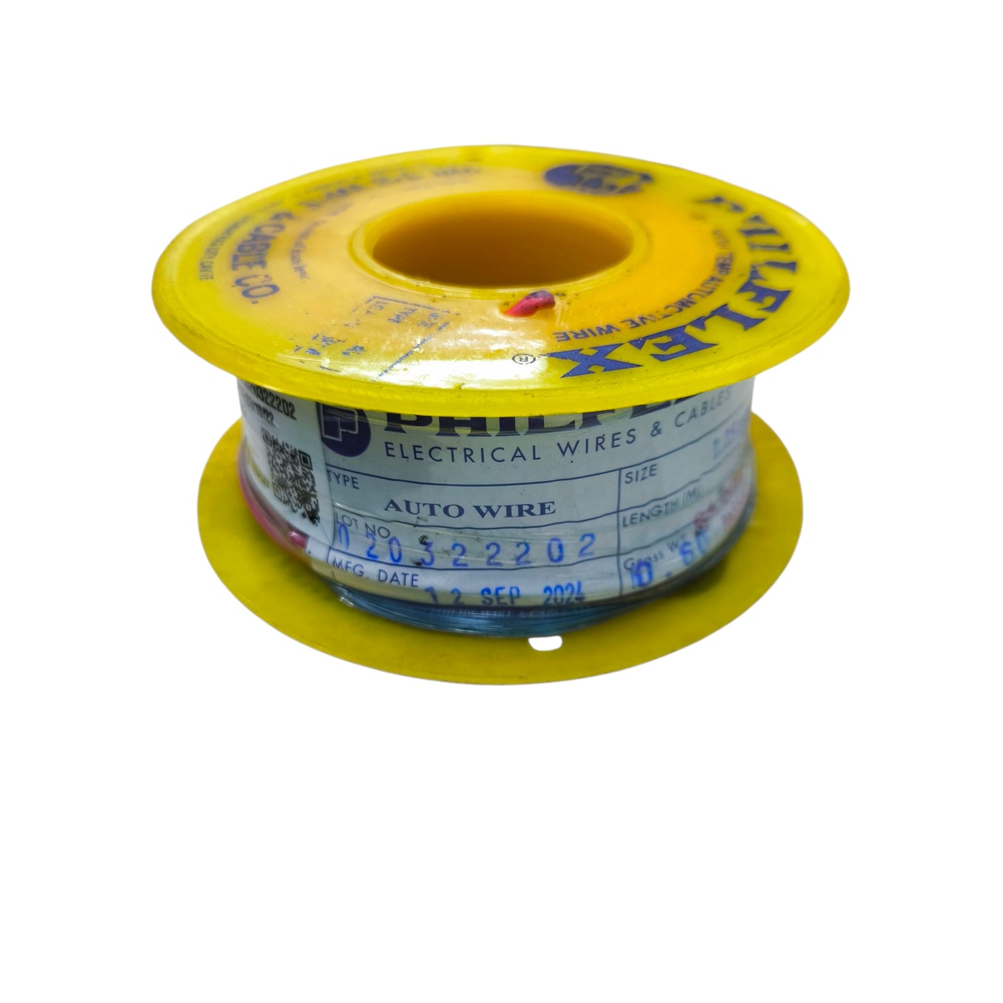 Spool of electrical wire with yellow top on a white background