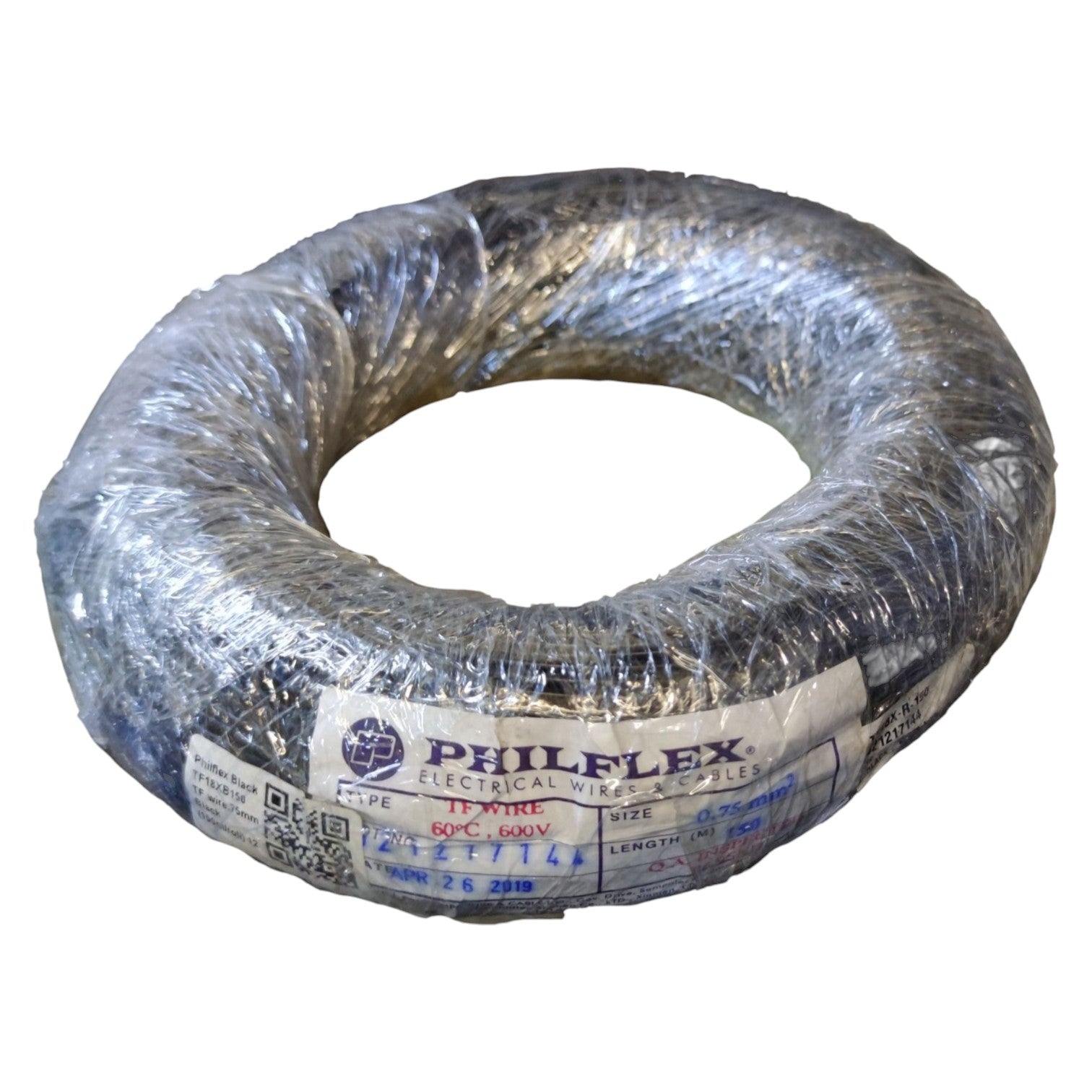 Coiled electrical cable with Phileflex label on a white background