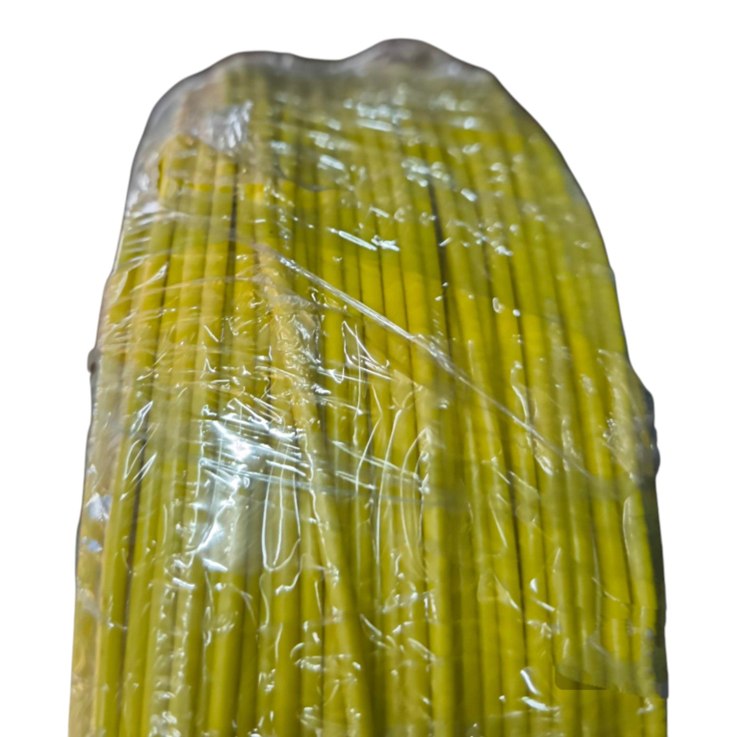Yellow straws in a clear plastic package on a white background