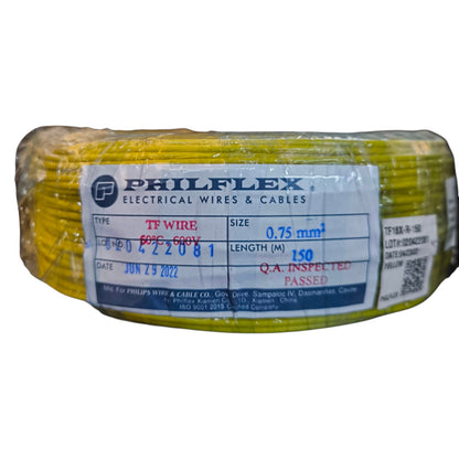 Spool of yellow electrical wire with Philflex label on a white background