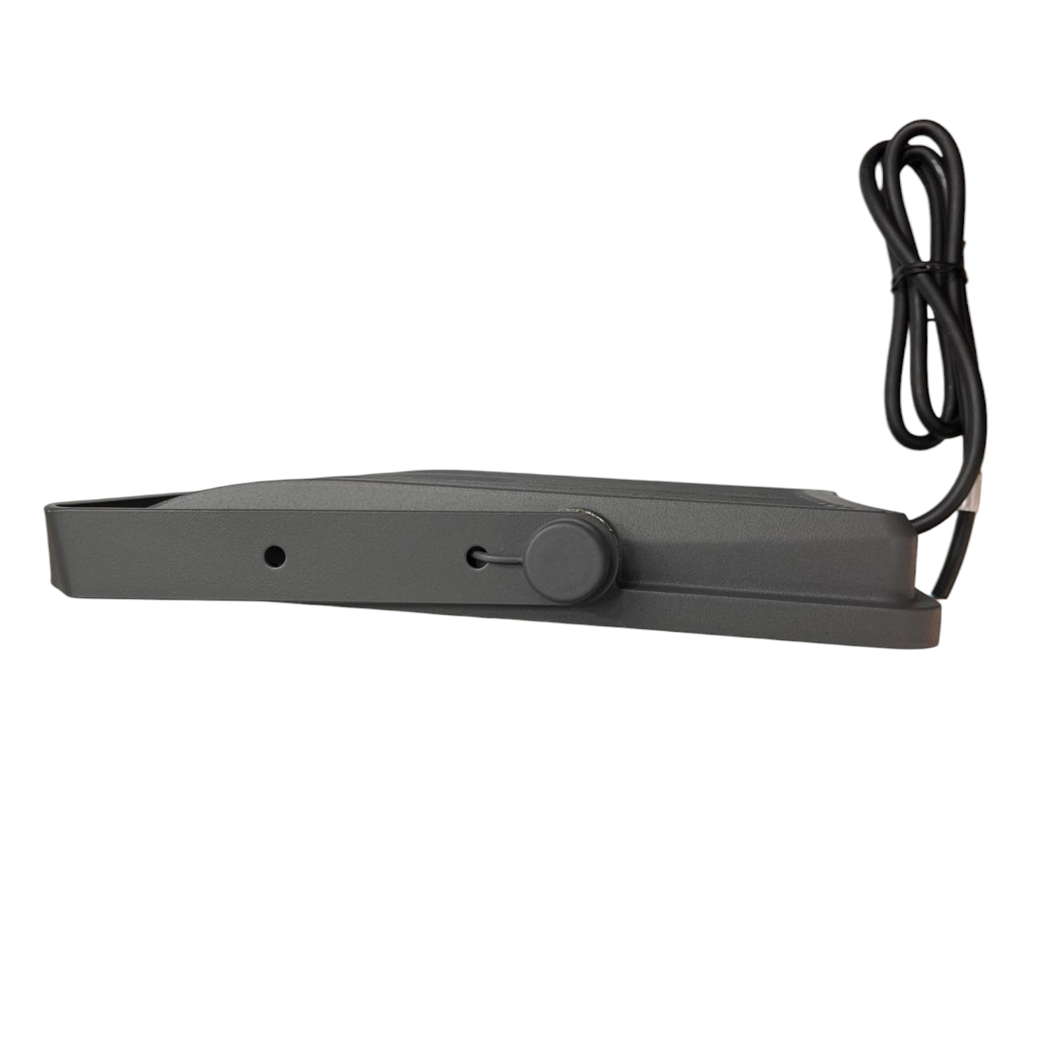 Black electronic device with a cable on a white background