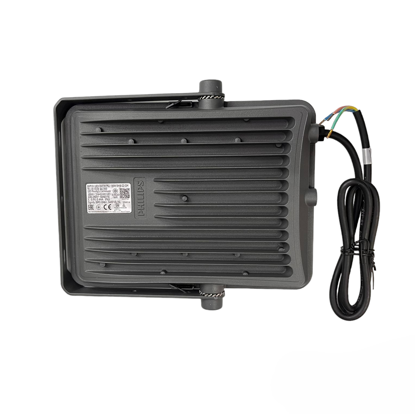 Black electronic device with a cable on a white background