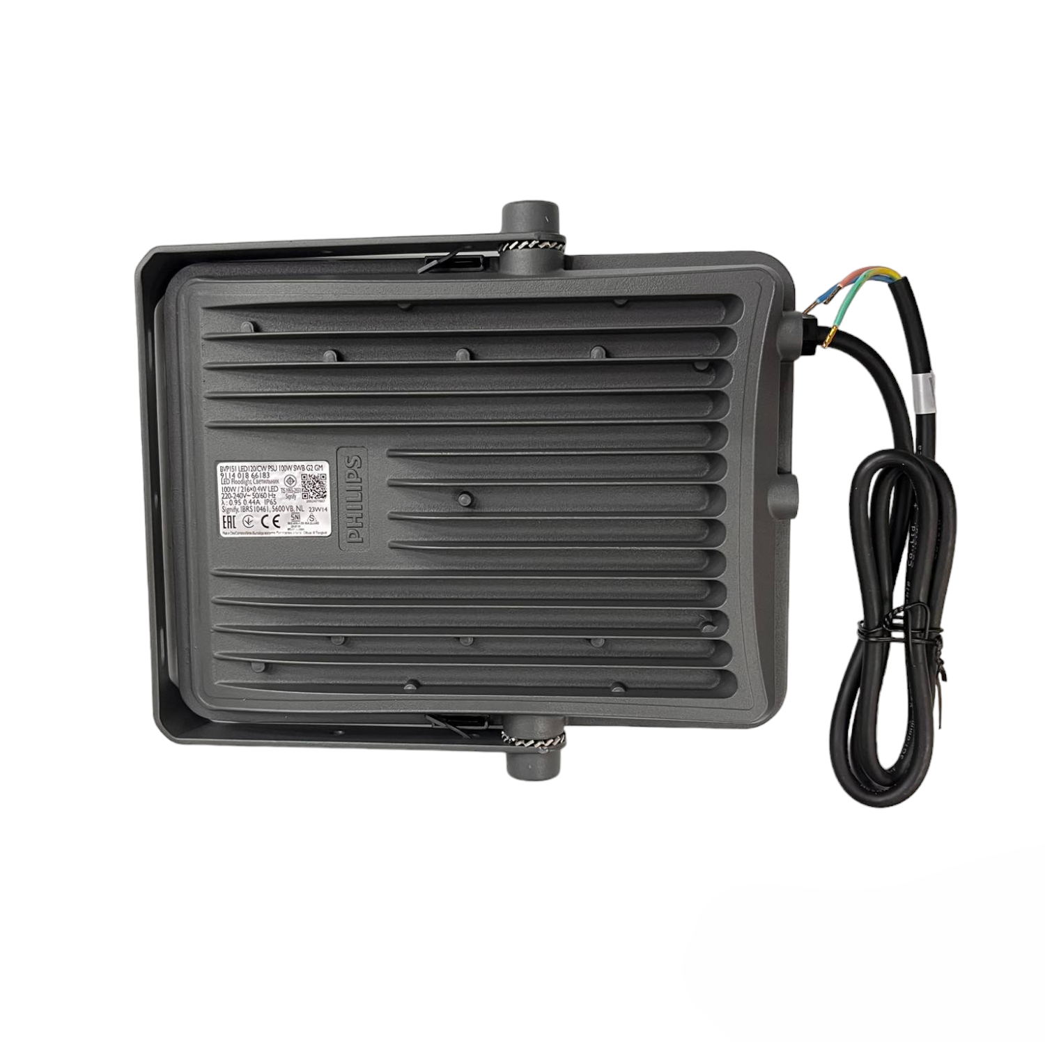 Black electronic device with a cable on a white background