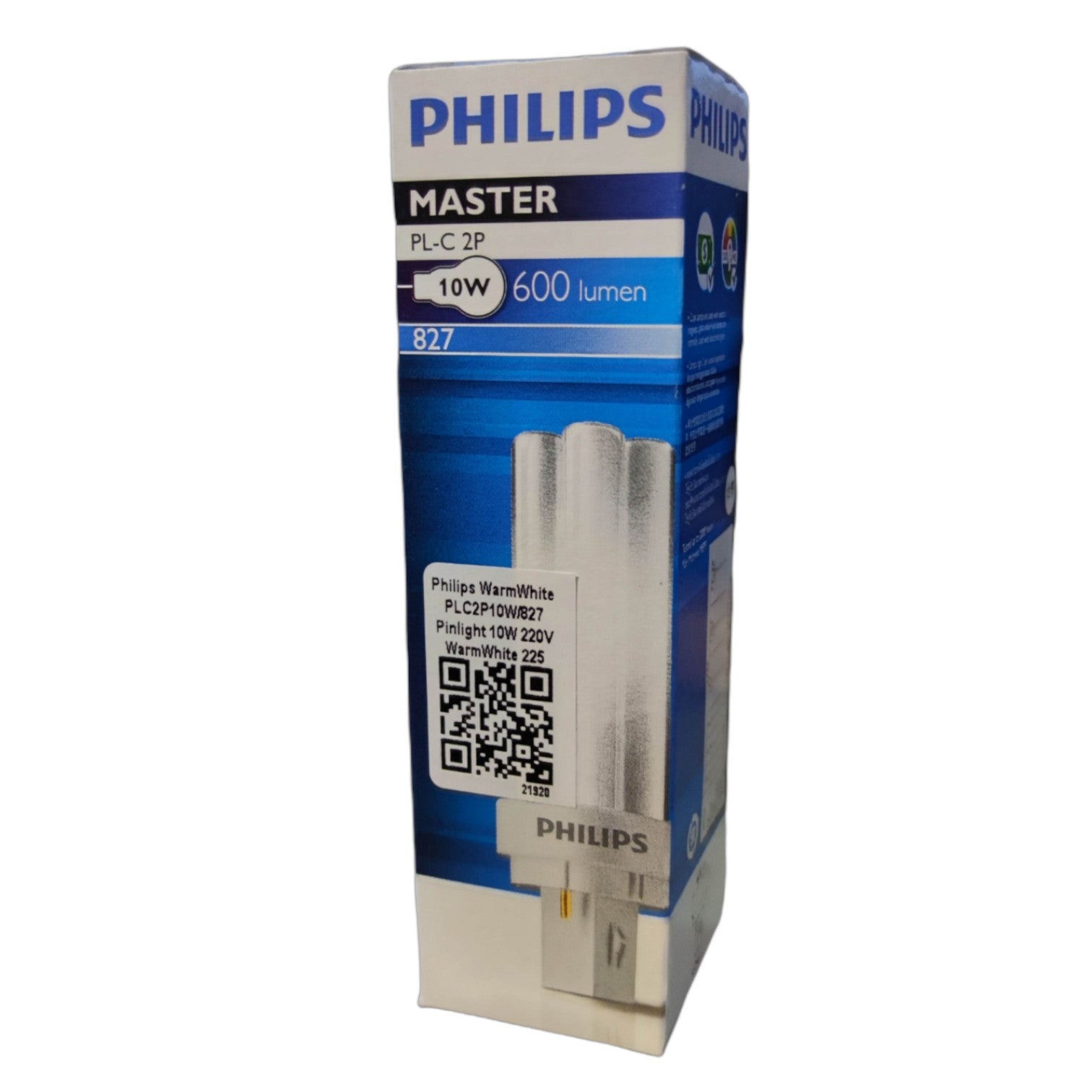 Philips light bulb packaging on a white background  Philips 10W Pinlight Warm White 2700K G24d-1 Socket CFL Compact Fluorescent Lamp PLC2P10W/827 Electx Electrical Supply