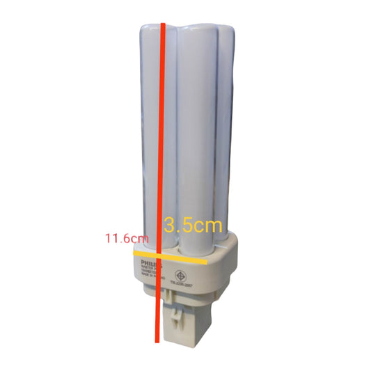 Compact fluorescent light bulb with measurements on a white background Philips 10W Pinlight Warm White 2700K G24d-1 Socket CFL Compact Fluorescent Lamp PLC2P10W/827 Electx Electrical Supply